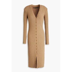 ENZA COSTA Lurex Rib Long Sleeve Cardigan Midi Dress Womens Medium Tan Gold NEW